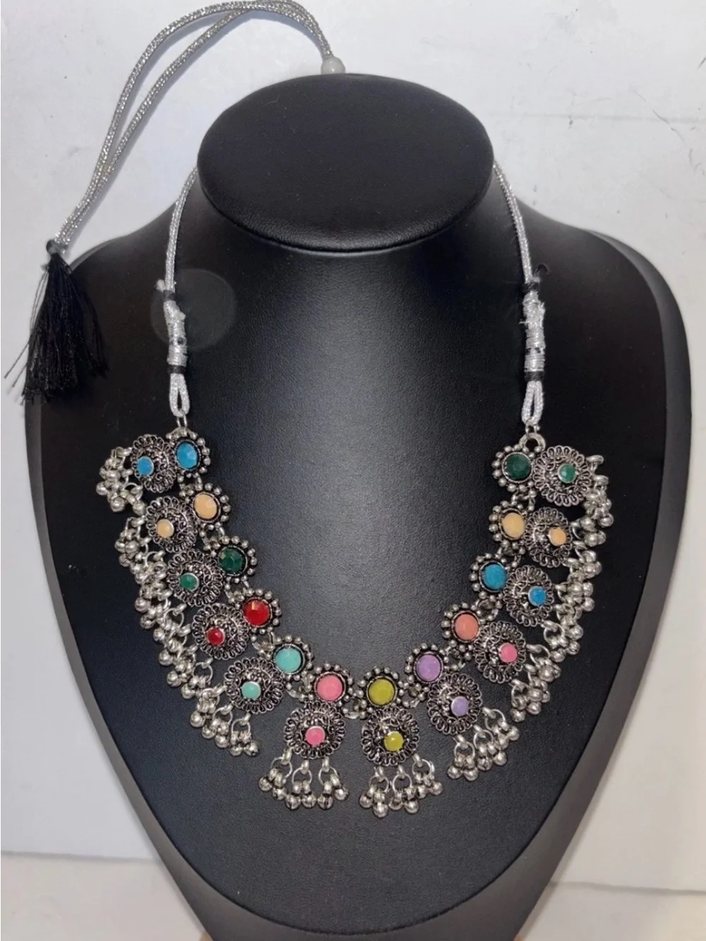 Boho Oxidized Silver Tone Statement Bib Necklace Multi Color Stone Tribal Dangle